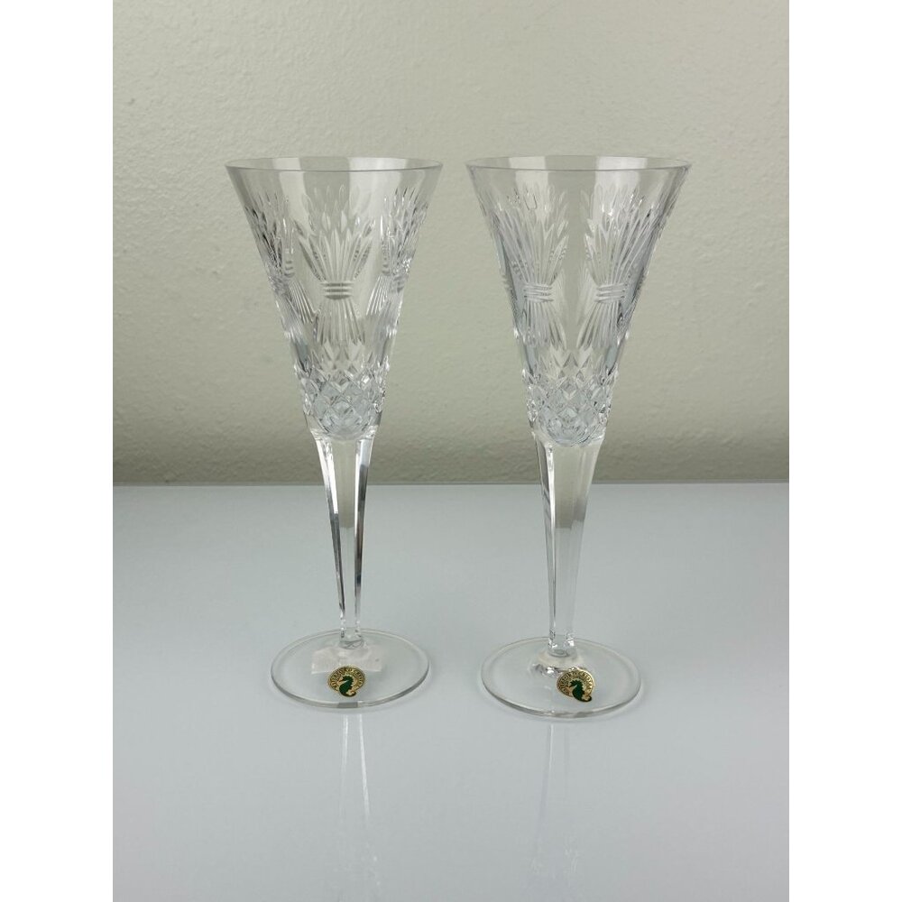 2 Waterford Crystal Millennium Wheat PROSPERITY Toasting Champagne Flutes 9.25" - Picture 16 of 16
